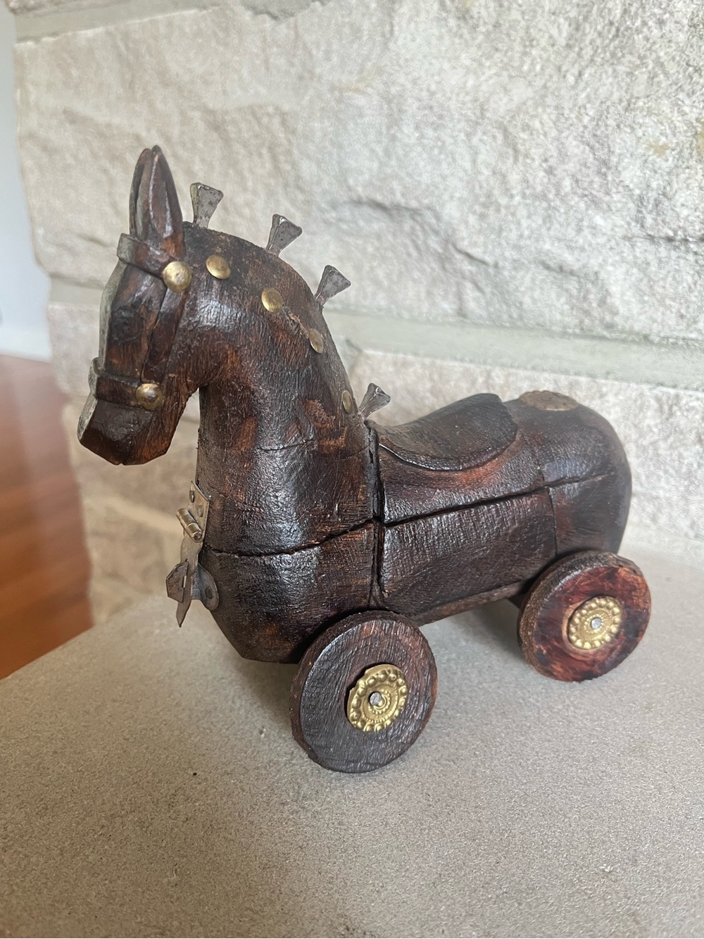 Vintage Folk Art Rustic Wooden Trojan Horse With Hidden Compartment Handmade